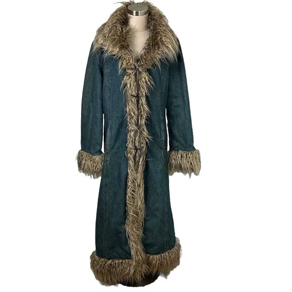 CoffeeShop Jackets & Blazers - Vintage Penny Lane Shaggy Faux Fur Long Denim Jacket Maxi Coat Boho Rare XL